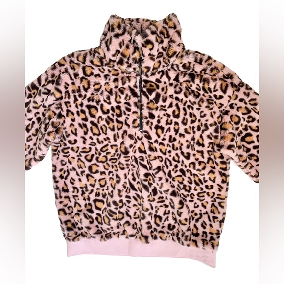 MITTOSHOP pink cheetah fur 1/2 zip pullover jacket women’s size Large 10 12 - Picture 9 of 14